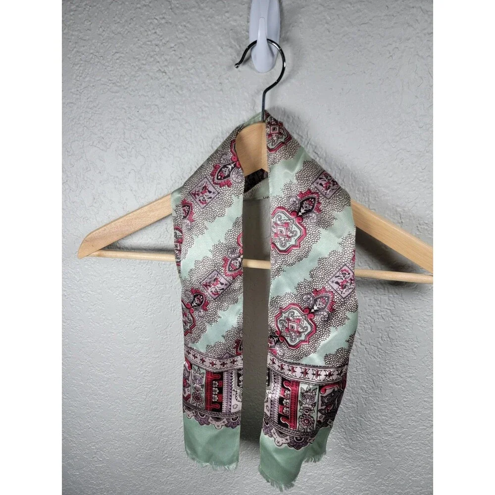 Vintage Mint Green Pink Paisley Medallion Oblong Scarf Boho Cottagecore Retro